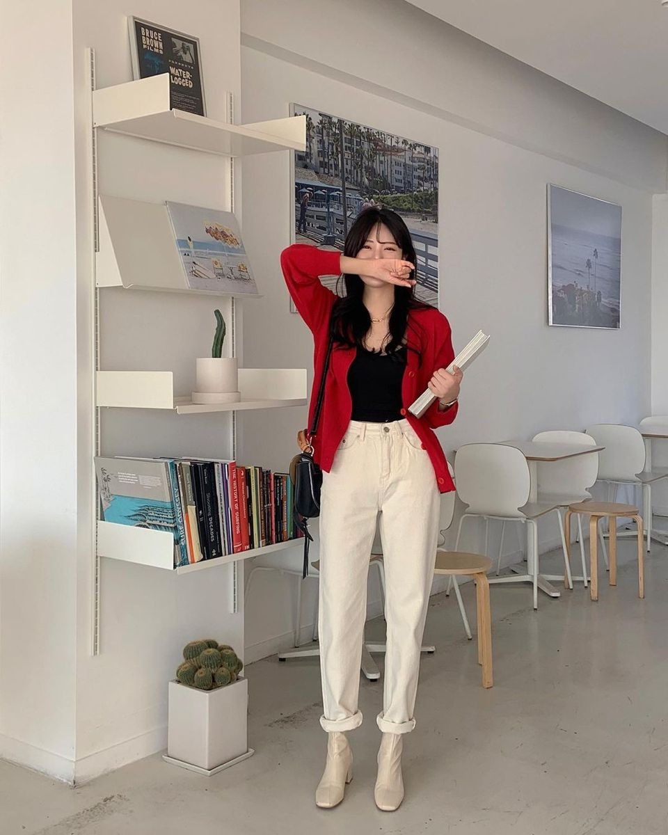 Red cardigan with white jeans