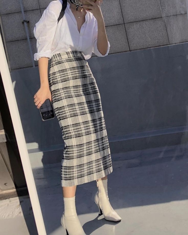 Plaid skirt with white blouse