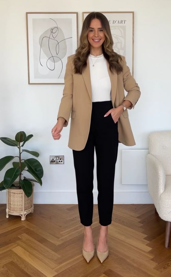 Camel blazer with black trousers