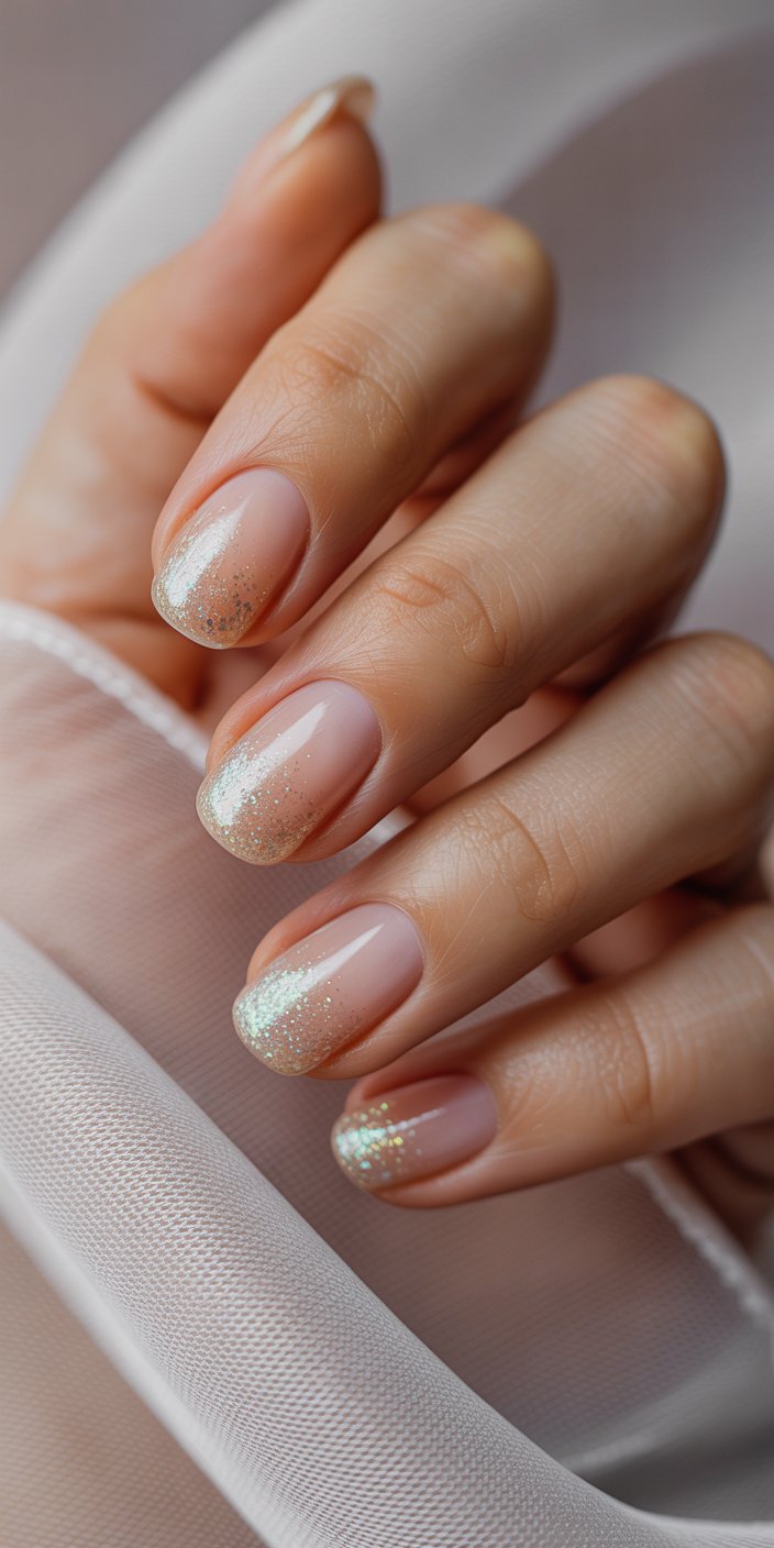 Soft gold glitter ombre nails with a sophisticated edge