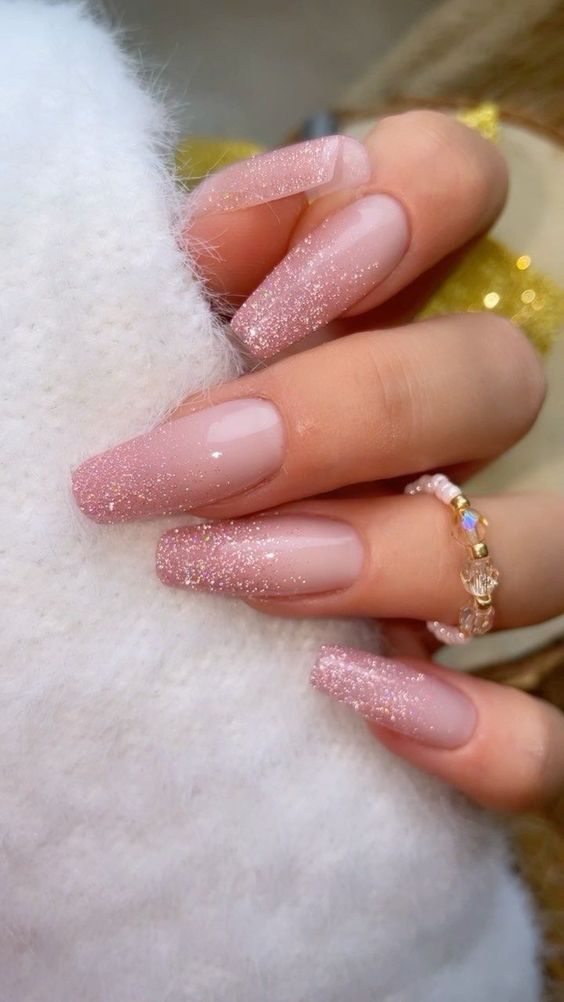 Sugar-coated pink coffin glitter nails