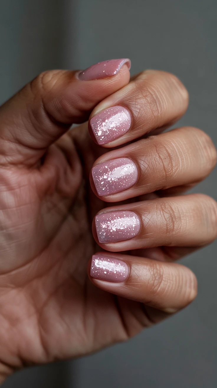 Short pink glitter nails with a delightful shimmer