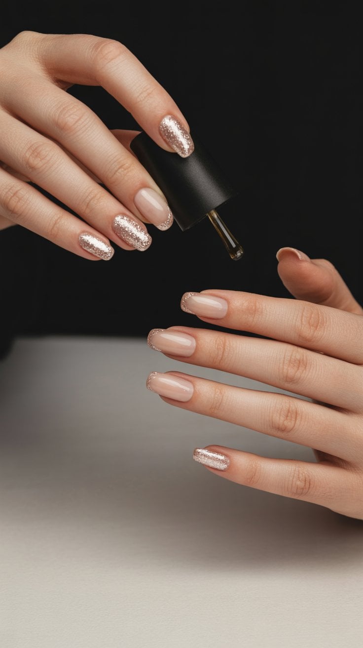 Rose gold glitter nails with elegant almond shape