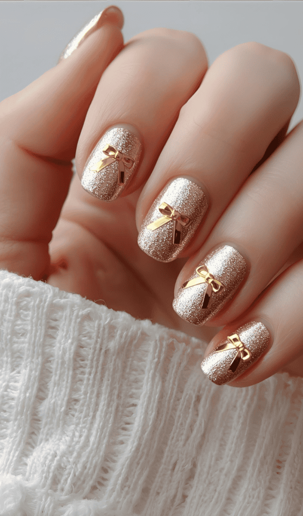 Glitter nails with golden bow accents