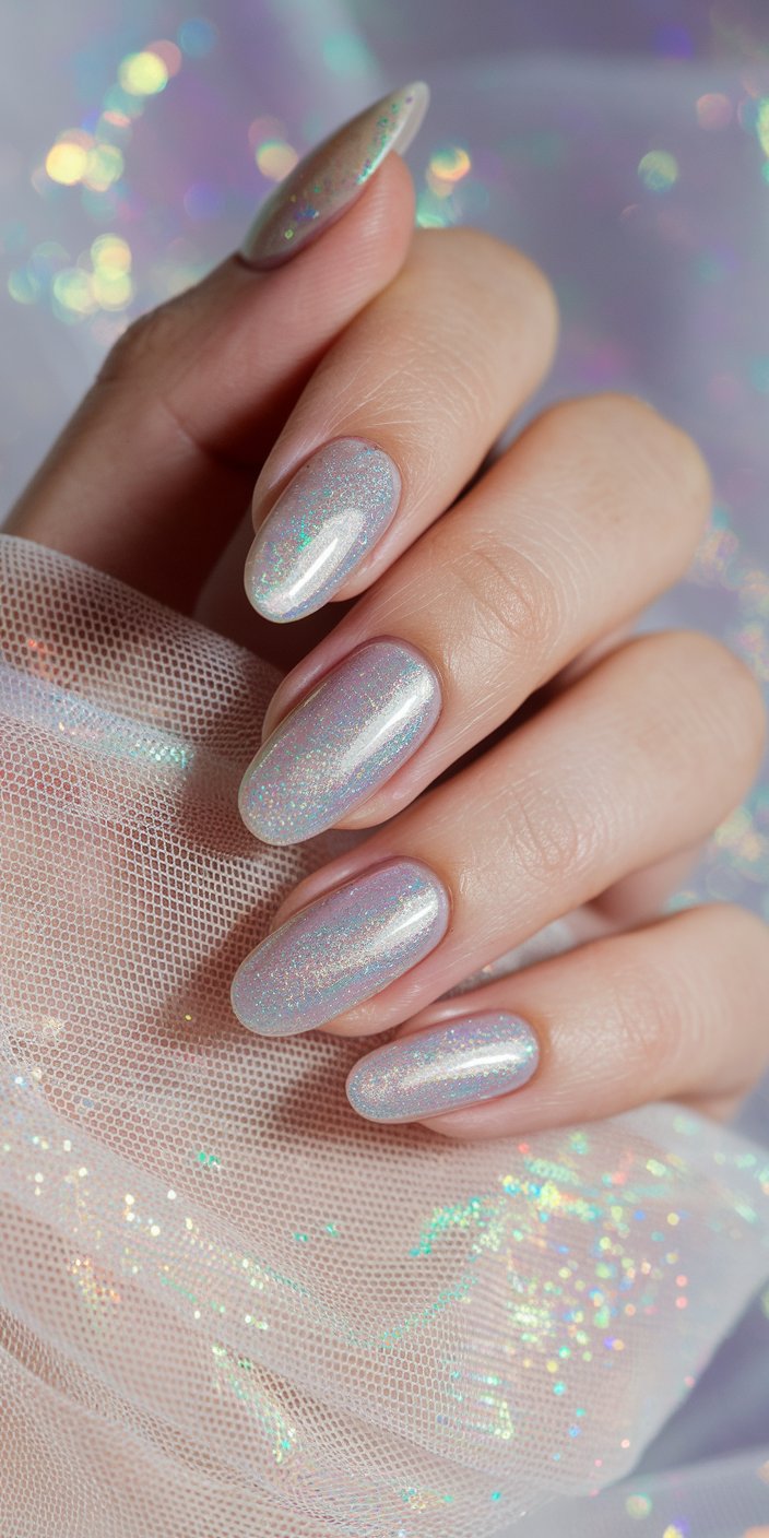 Holographic pearlescent almond nails with iridescent shine