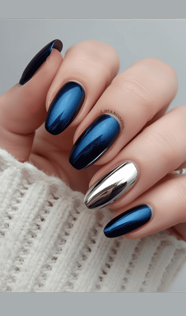 Chrome and blue almond nails with striking contrast