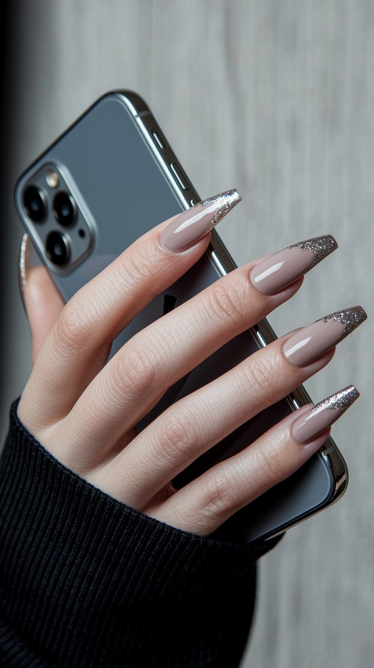Glitter French coffin nails with luxurious elegance