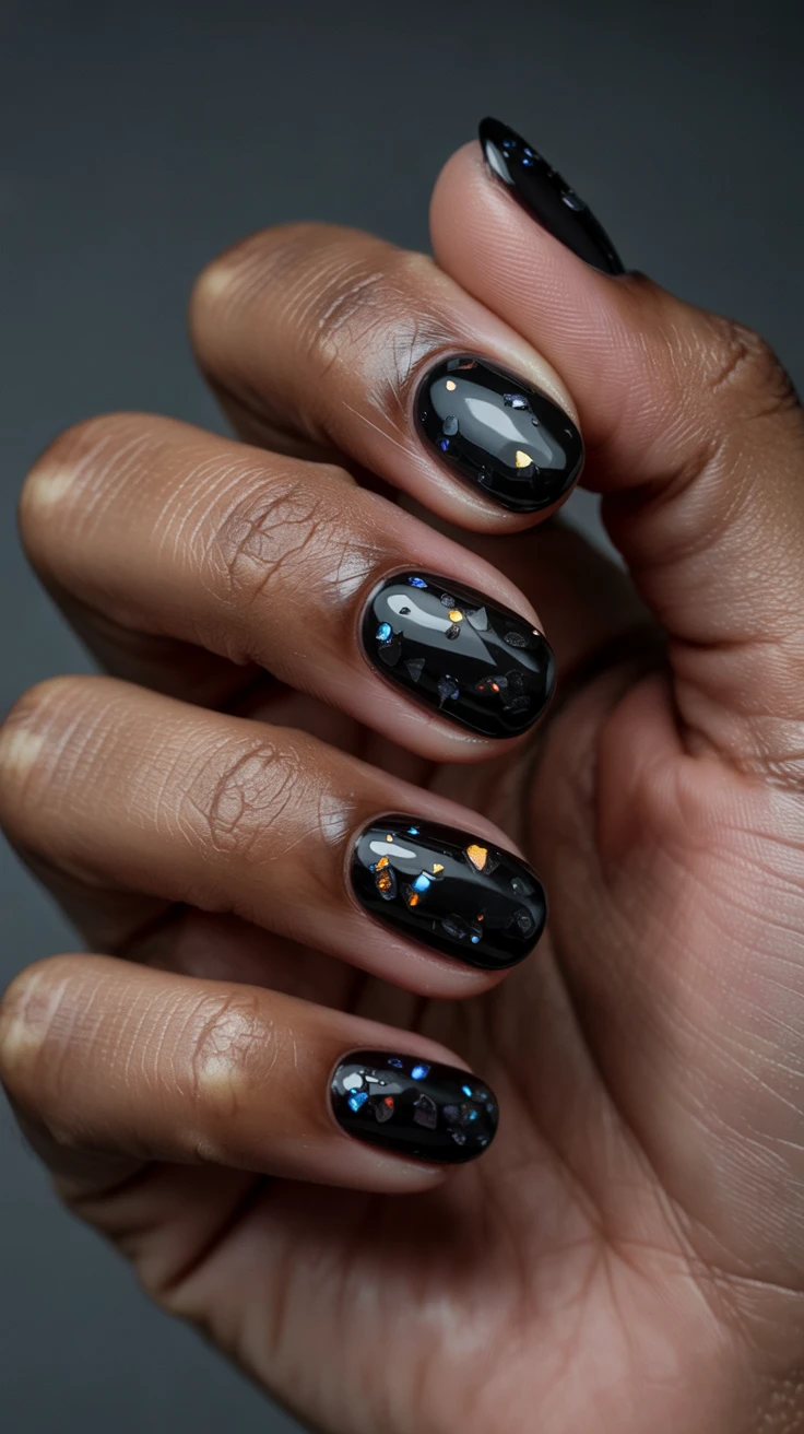 Black nails with opal accents and oval shape