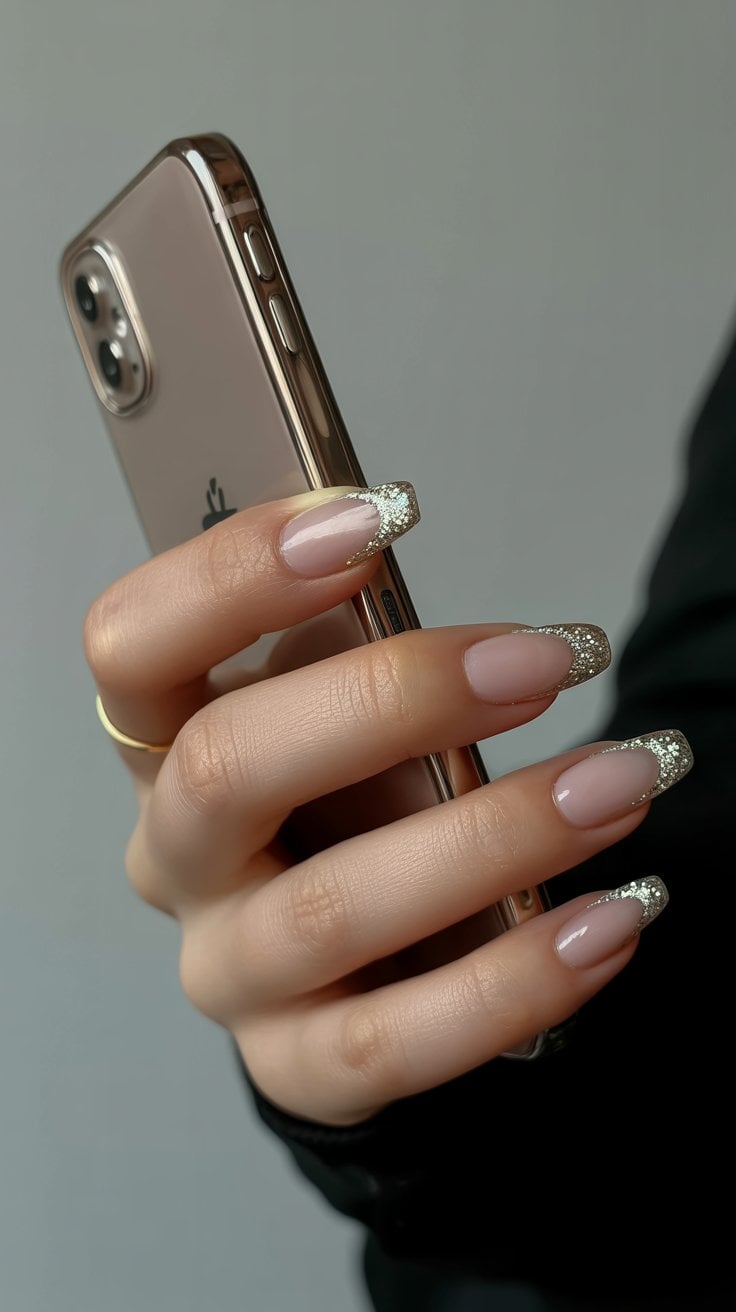 Gold glitter French almond nails with elegant flair