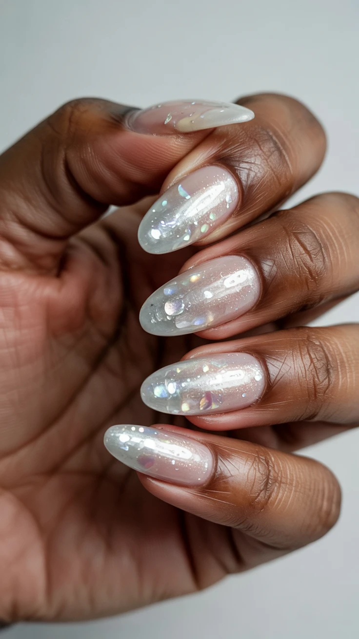 Clear nails with crystal embellishments and almond shape
