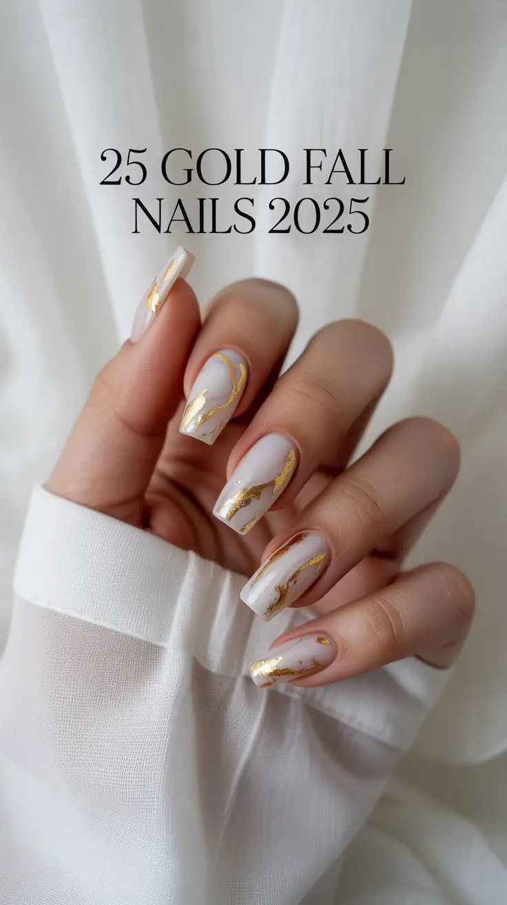 Marble effect gold nails with white accents for a modern fall vibe
