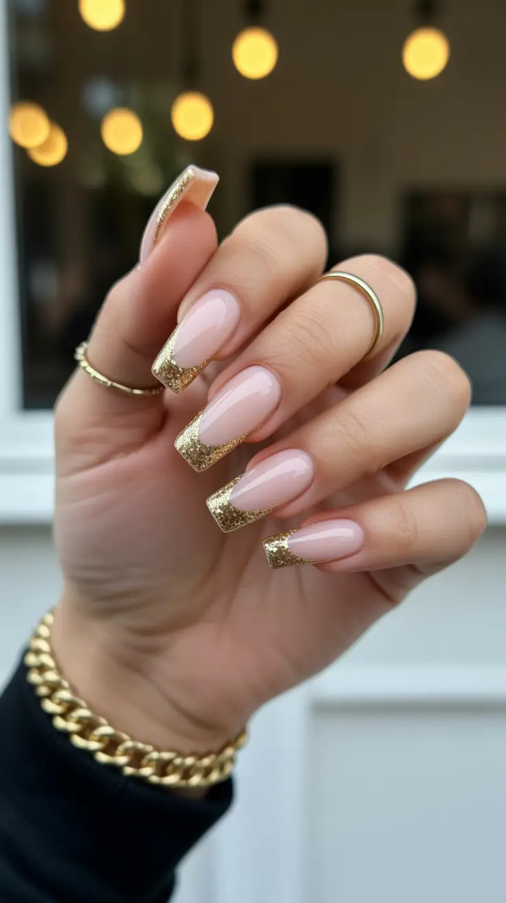 Gold glitter French tips on a nude base for a chic twist