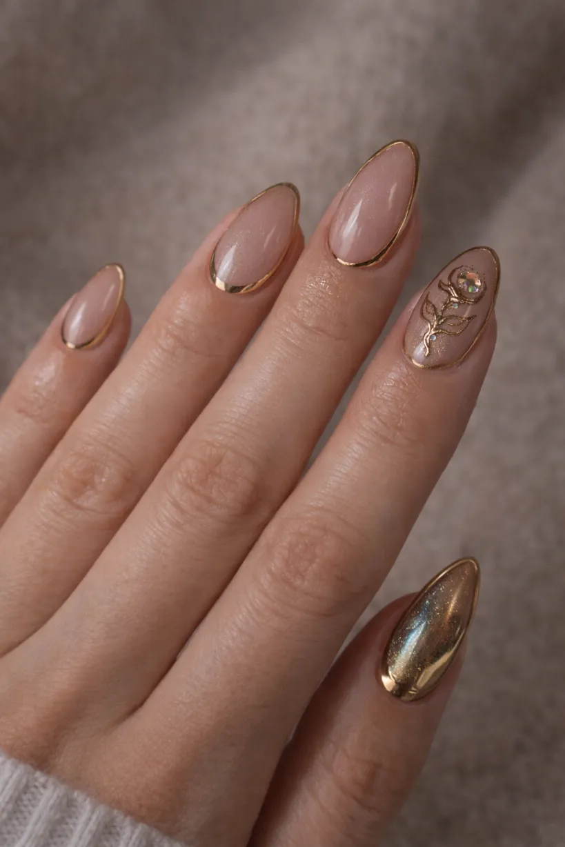 Gold accents on nude nails with personalized art for chic sophistication