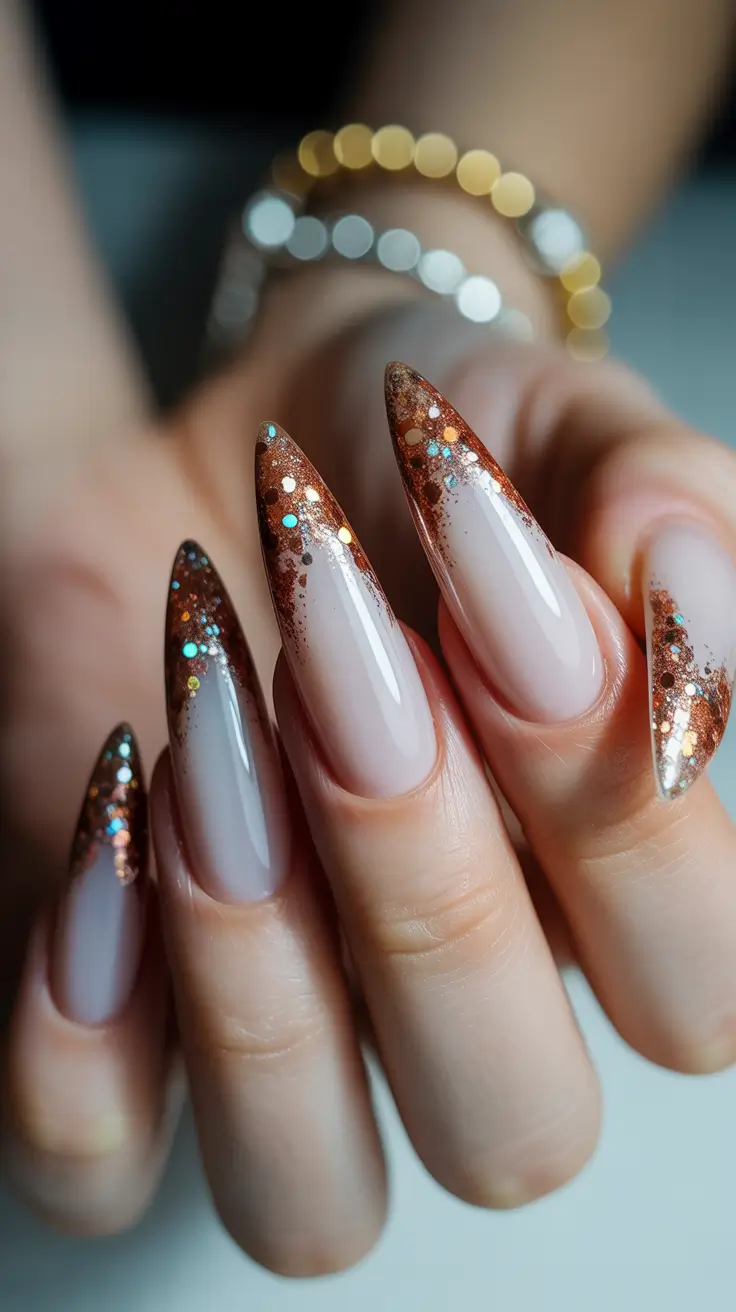 Copper gold glitter with stiletto nails