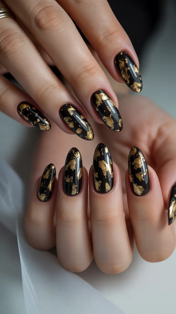 Black nails with gold foil accents