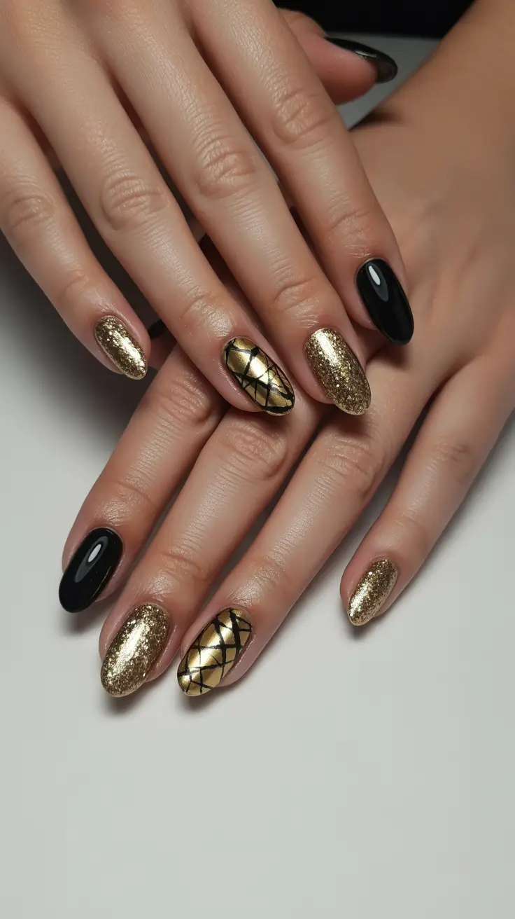 Gold and black nails with mixed textures