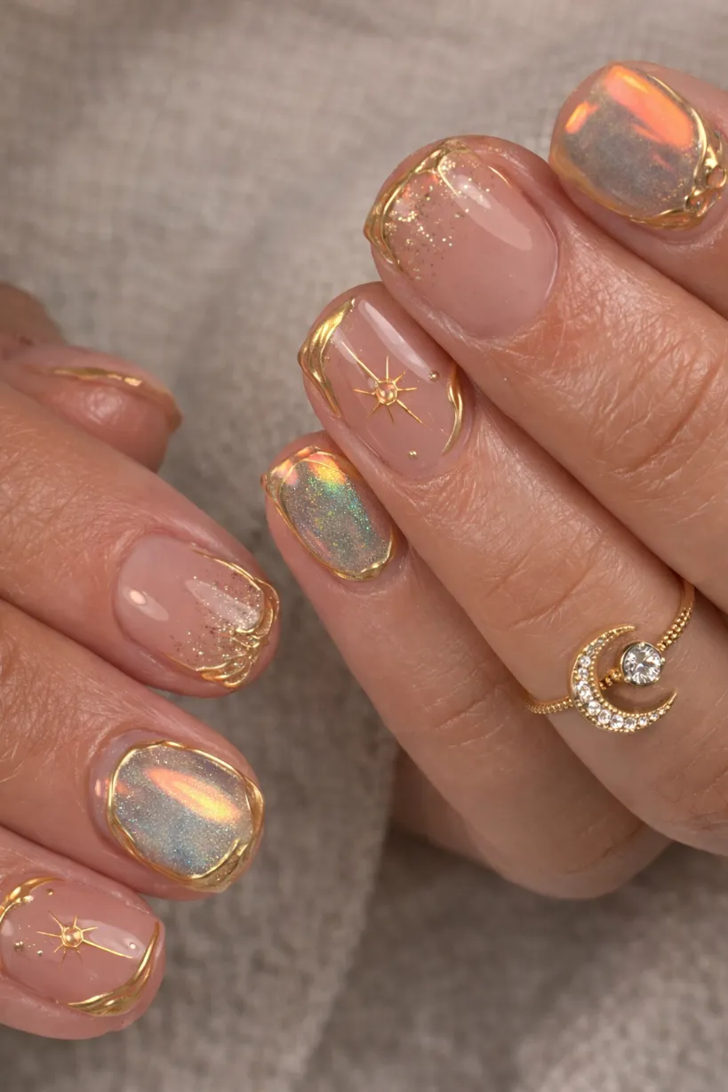 Holographic gold nails with rounded edges