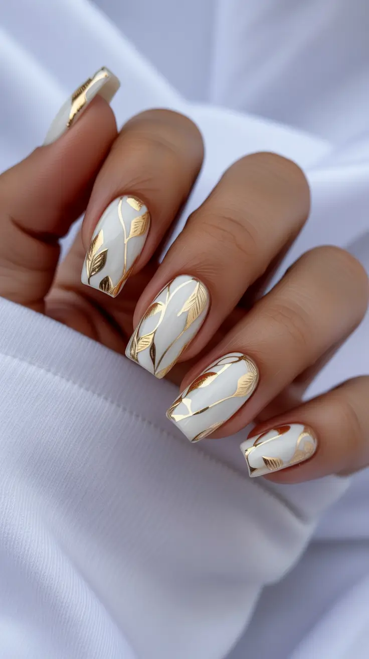 White nails with gold leaf art