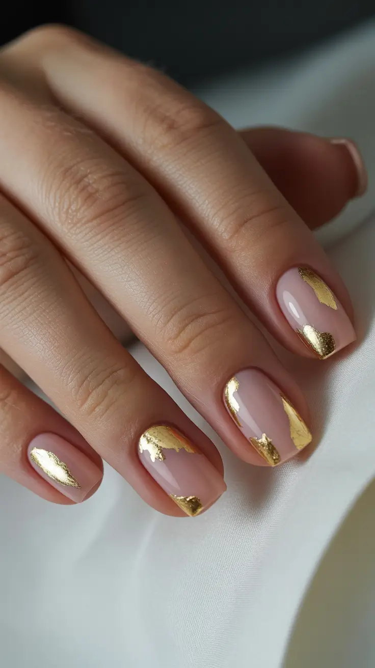 Short nails with gold foil accents