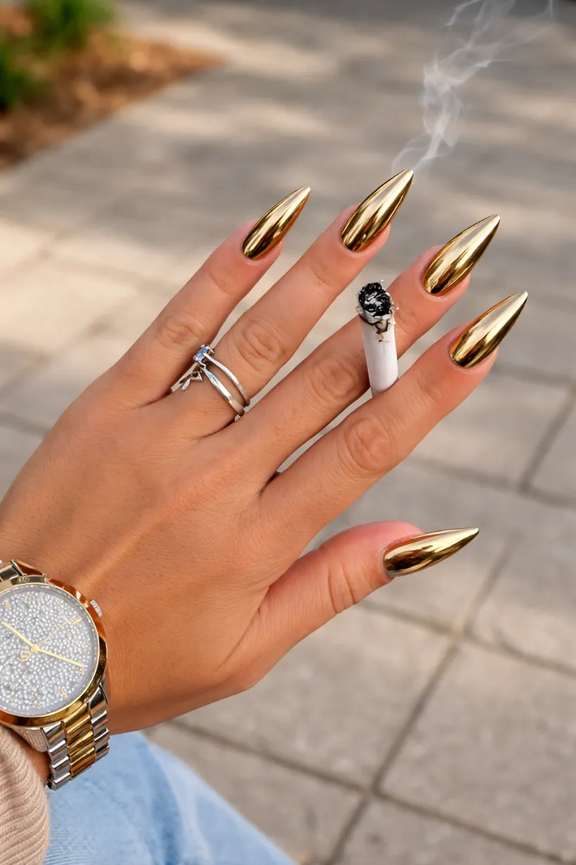 Gold metallic stiletto nails