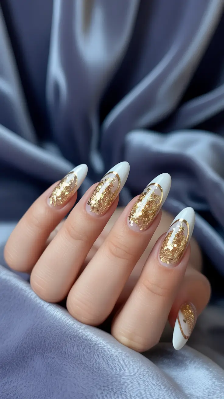 Almond nails with gold glitter tips