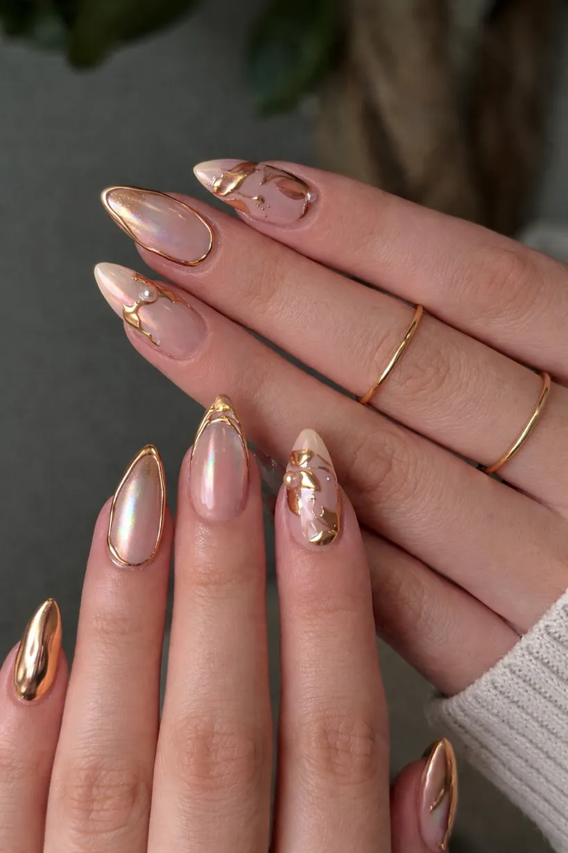 Gold and pearl nails with intricate art