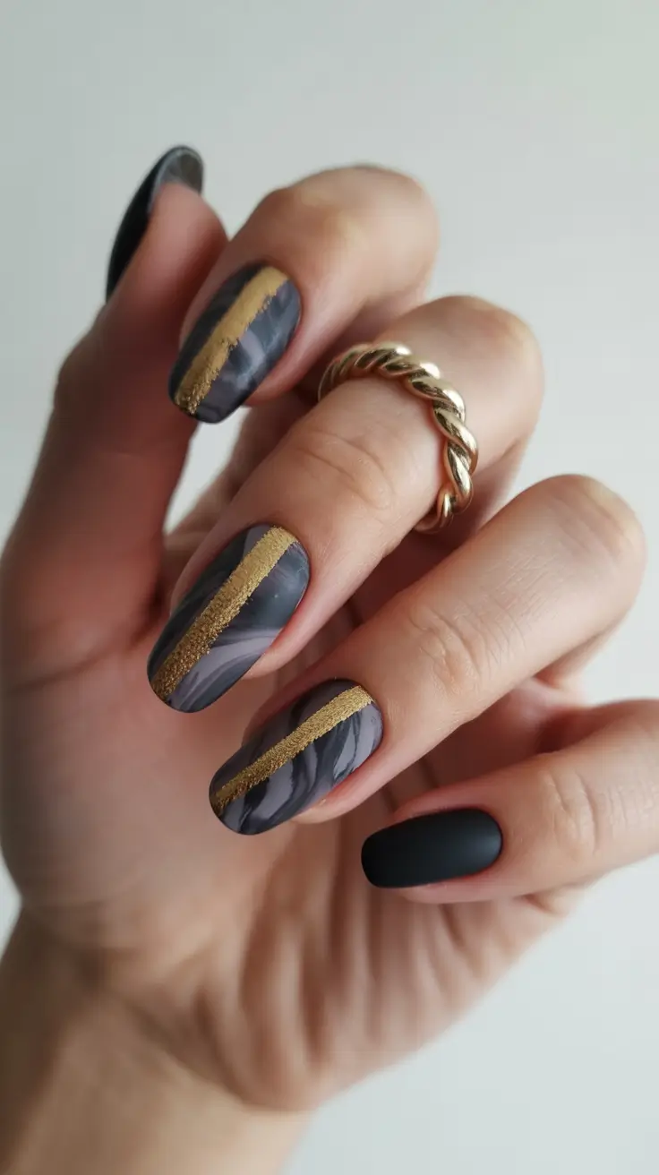 Matte black nails with gold stripe accents
