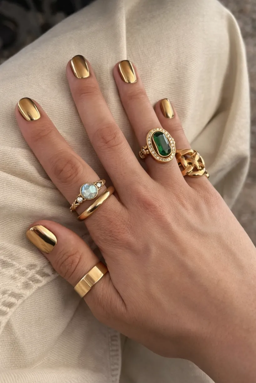 Bold gold metallic nails with short length