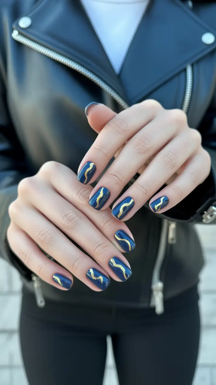 Navy nails with gold lightning design