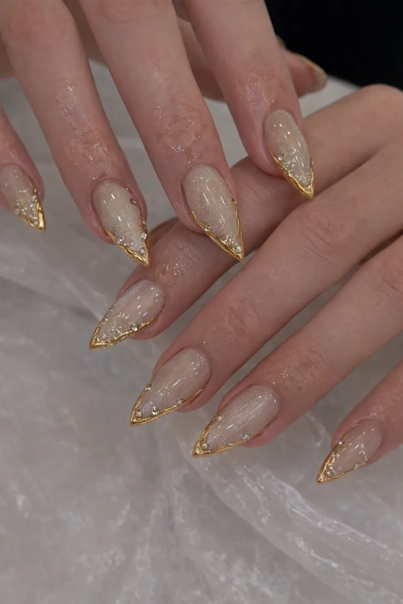 Gold-edged stiletto nails with sheer finish