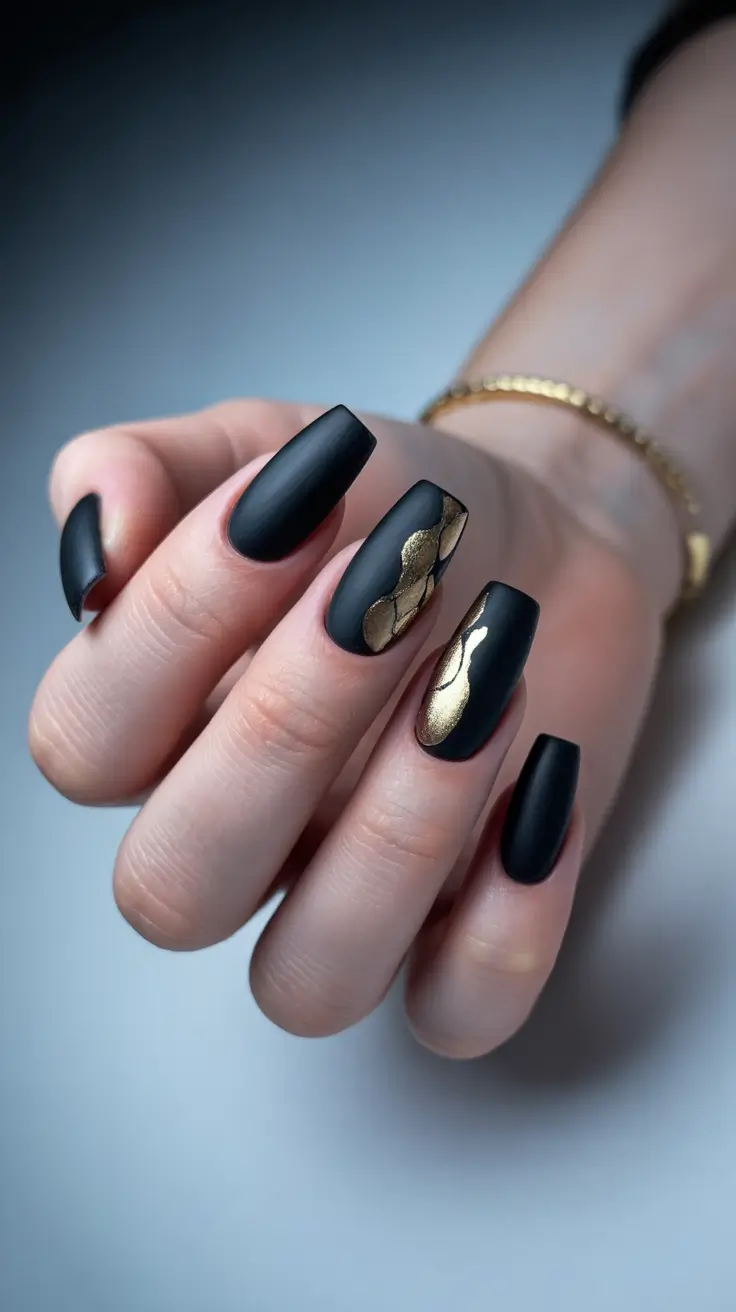 Square nails with matte black and gold accents