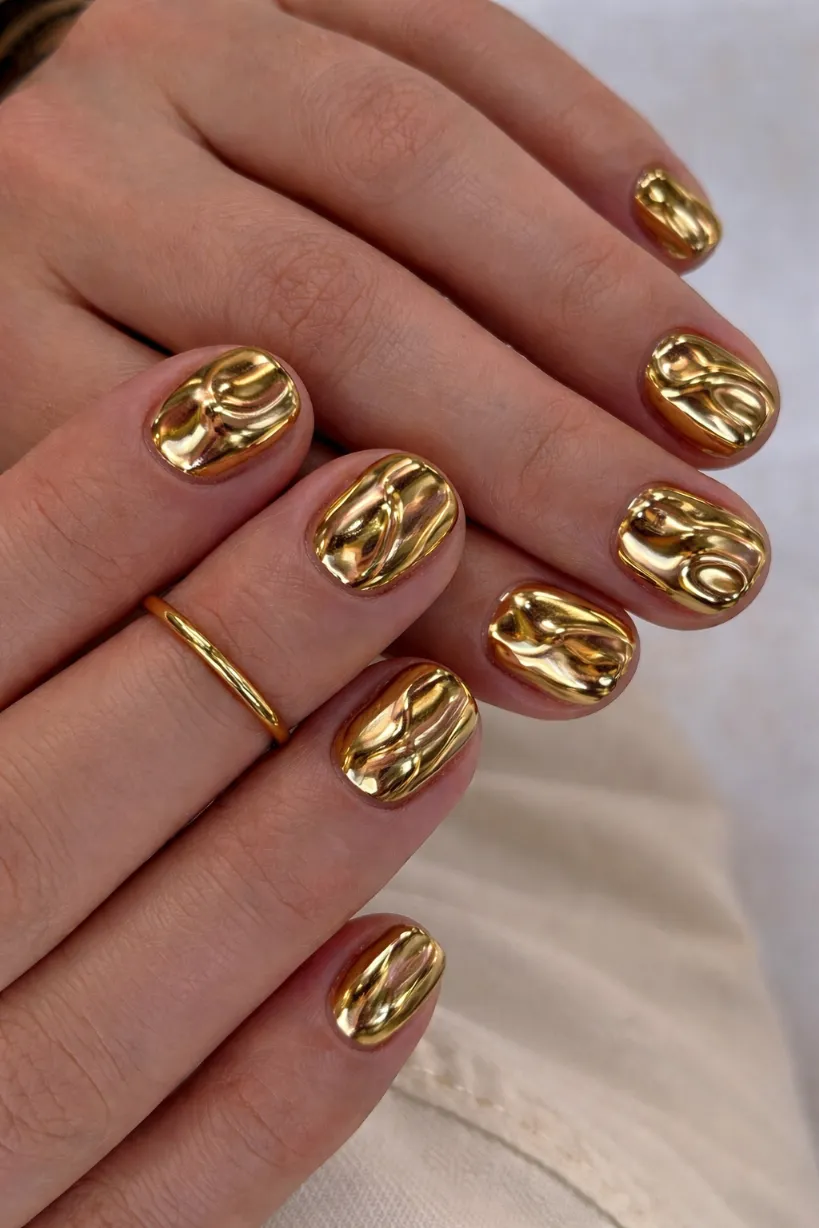 Short nails with molten gold texture