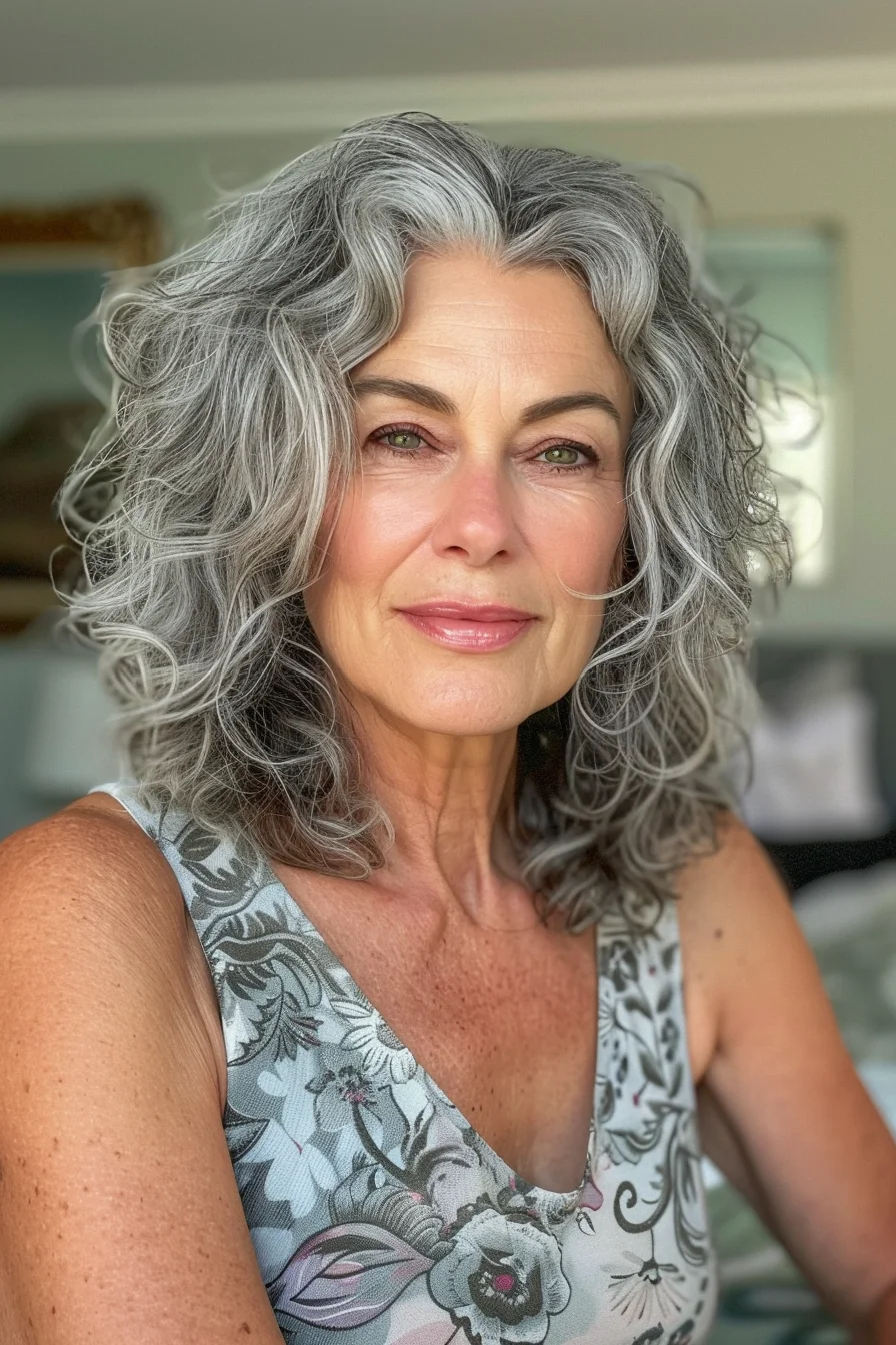 Silver curly hairstyle, shoulder length, volume-enhancing