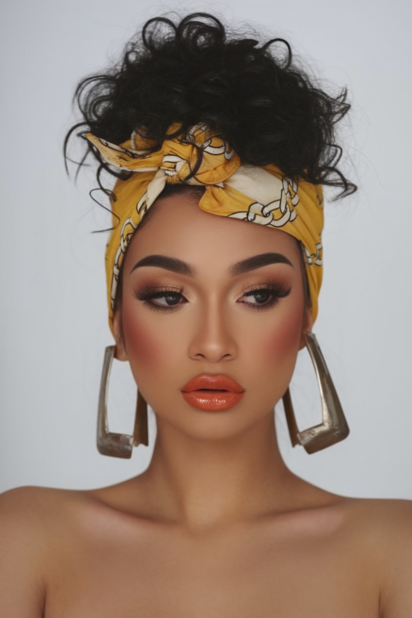 Curly updo with headwrap, statement accessory