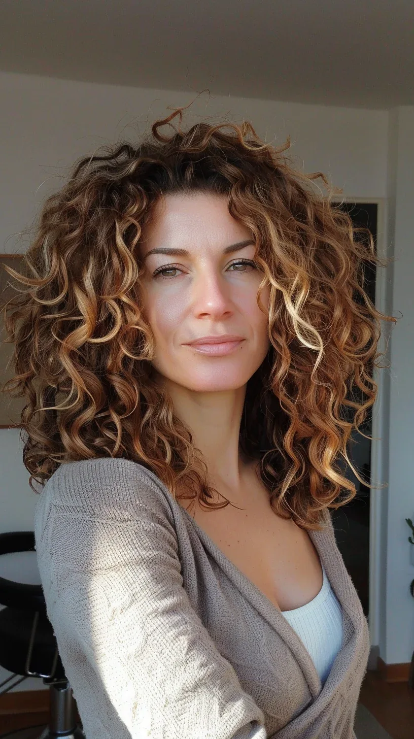 Golden blonde voluminous curly hairstyle
