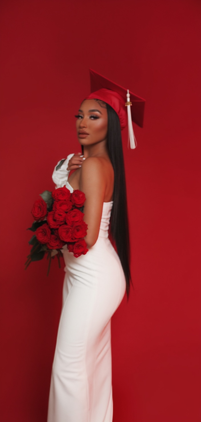 Sleek straight hairstyle, graduation, red backdrop