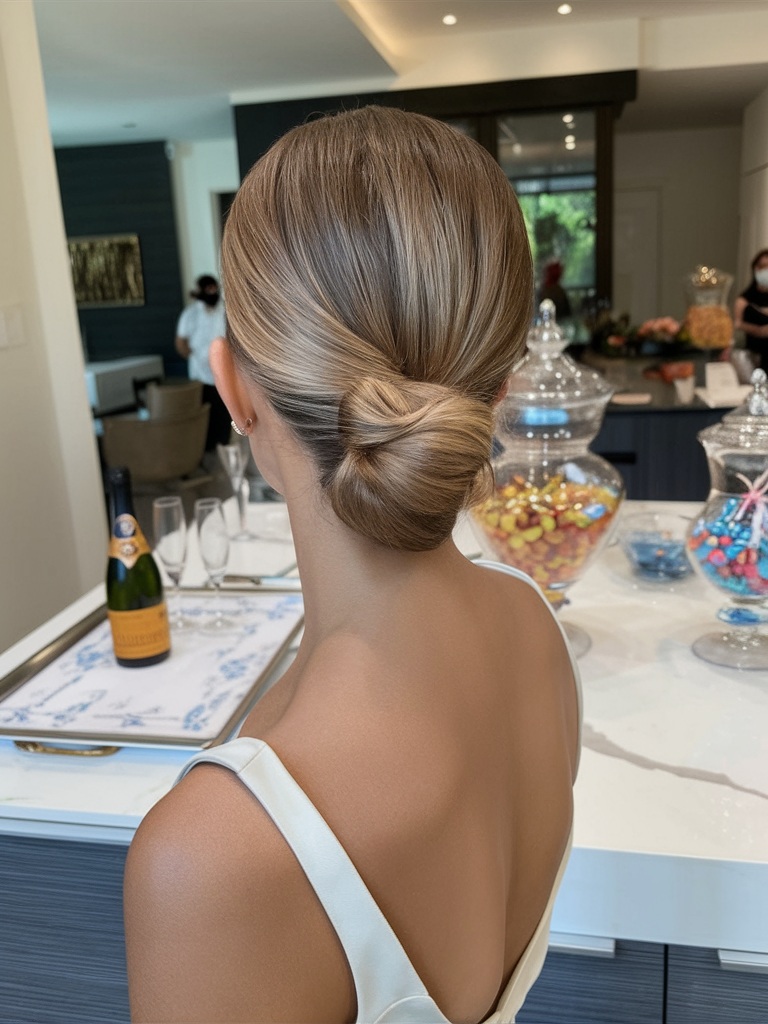Twisted low bun, elegant updo, formal occasion