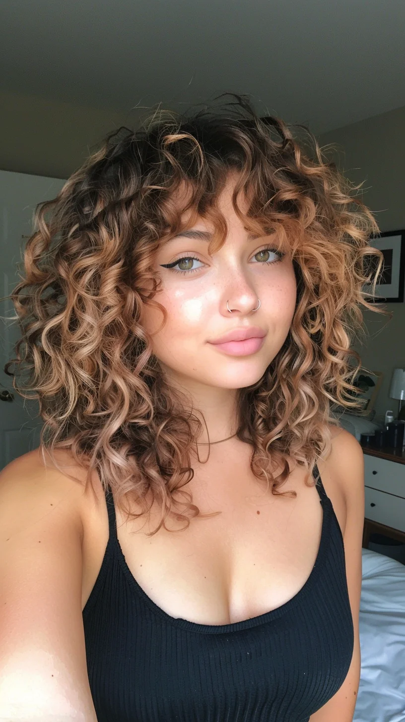 Curly shag haircut with bangs, dynamic texture