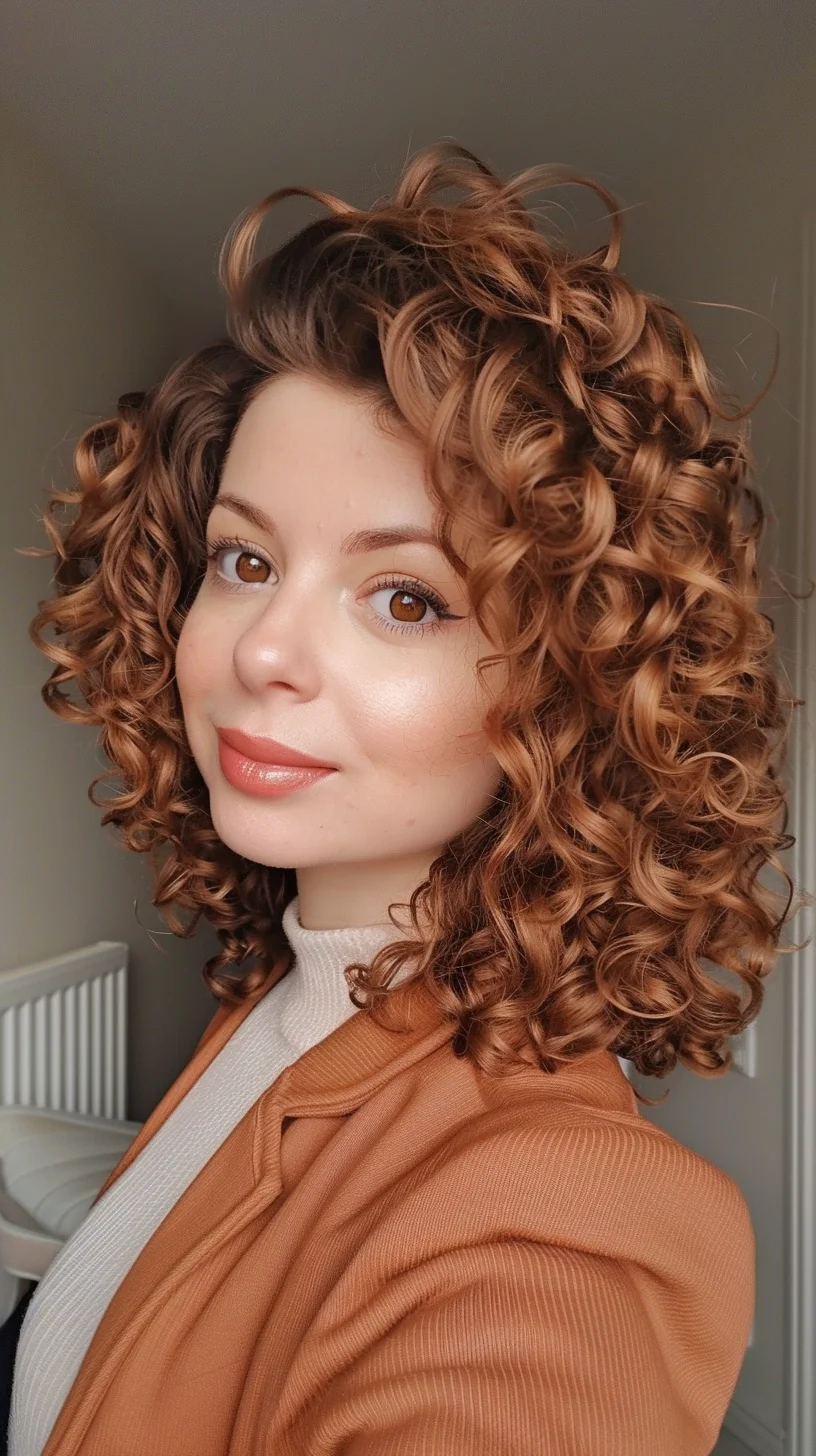 Auburn curly hairstyle, defined medium curls