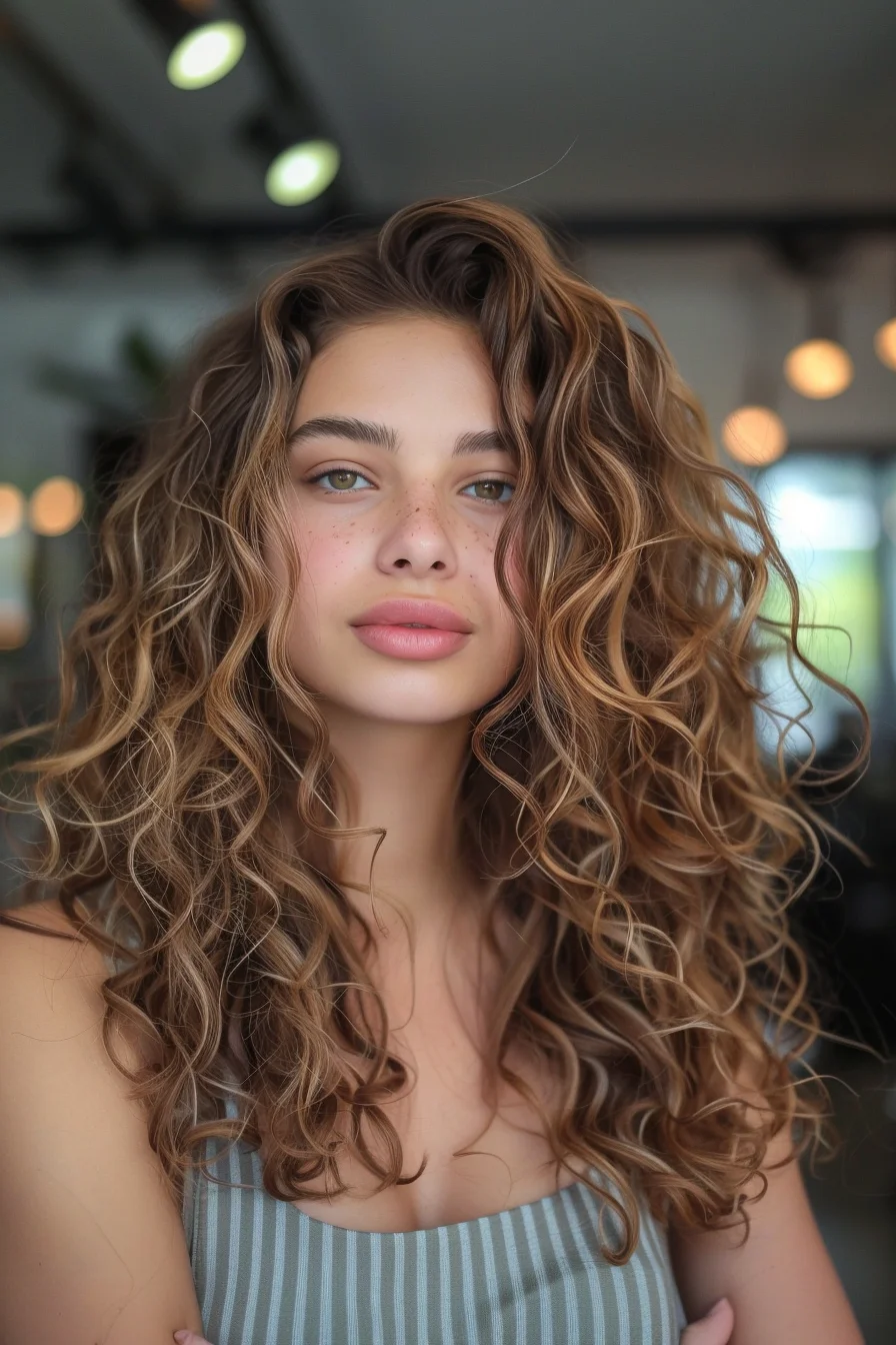 Romantic voluminous curls, medium length, natural texture
