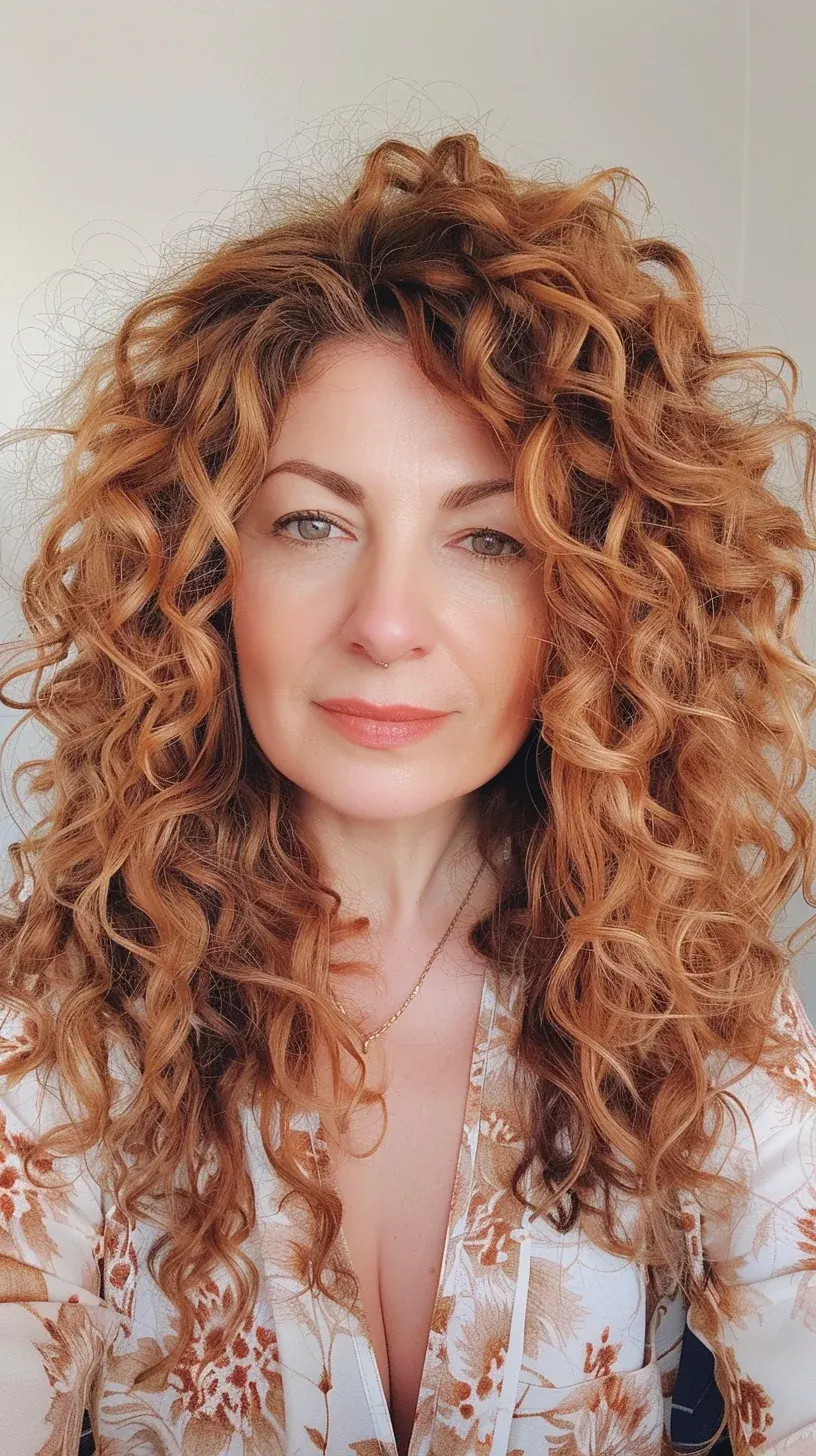 Dynamic auburn curls, vibrant color, curly texture