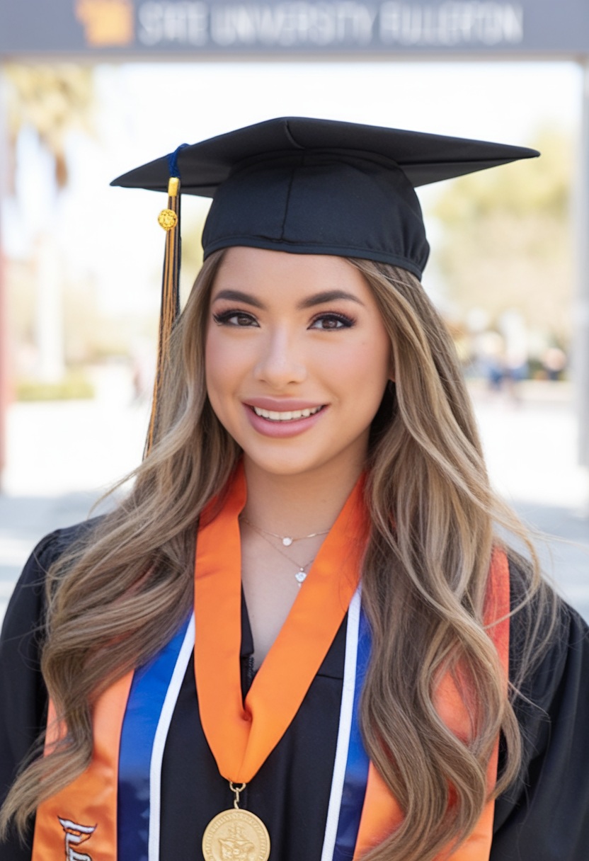 Graduation glam waves, long layers, subtle highlights