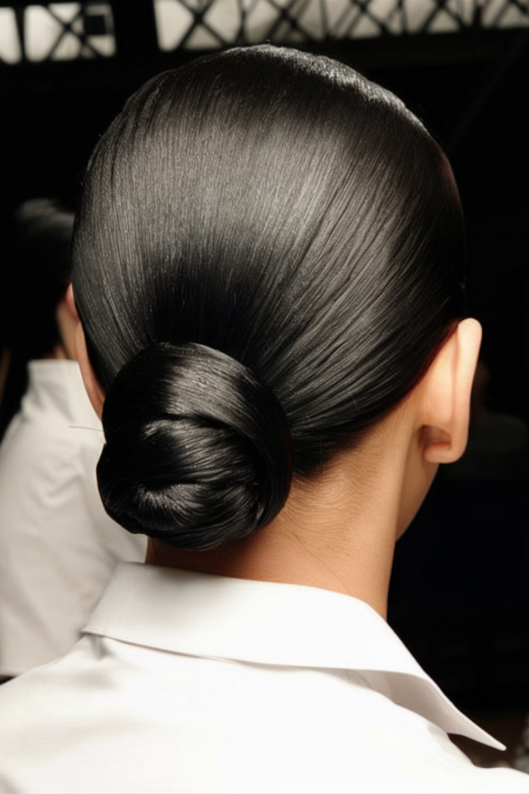 Sleek low bun, polished finish, formal hairstyle