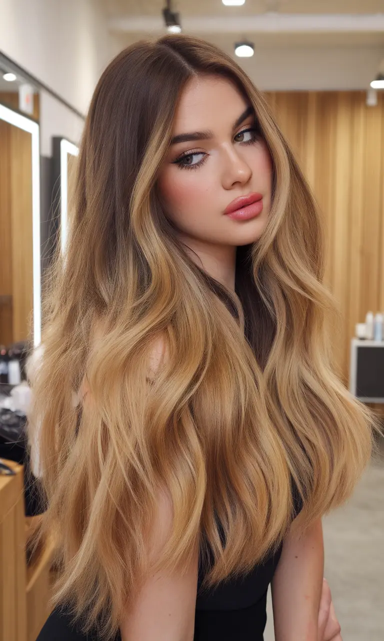 Honey balayage, long waves, dimensional color