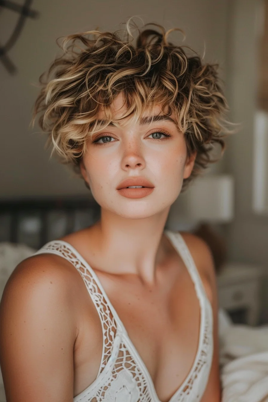 Textured pixie cut, tousled curls, modern short style