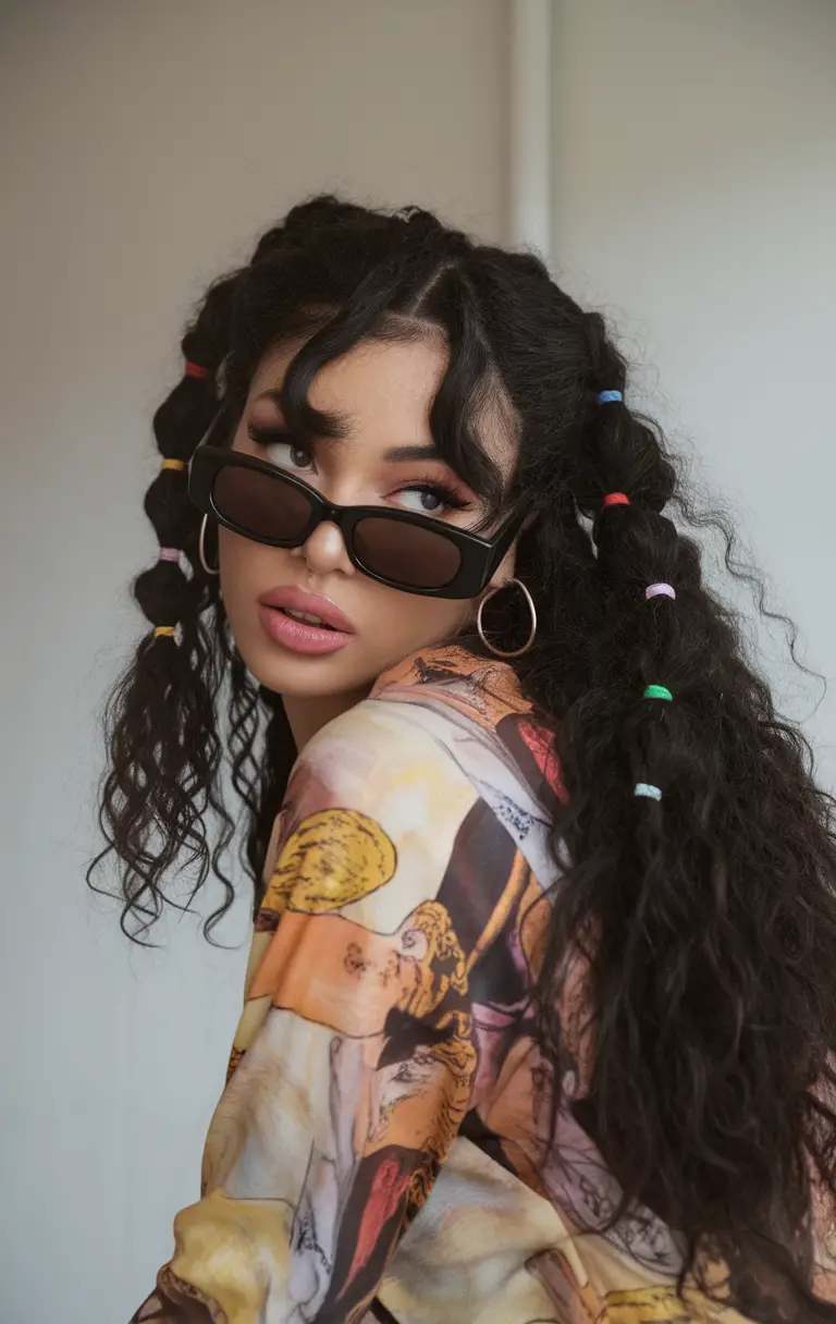Braided pigtails, curly texture, playful accessories