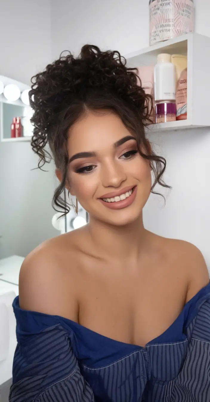 Curly high bun with loose tendrils