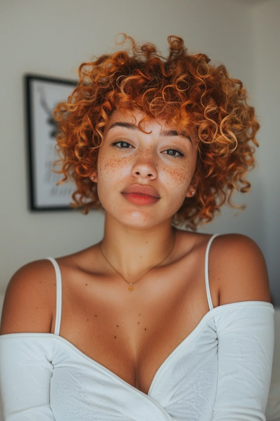 Short copper curly hairstyle, playful texture