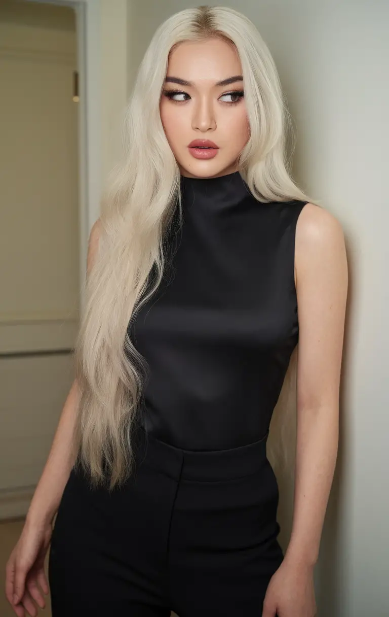 Long platinum blonde waves, sleek finish