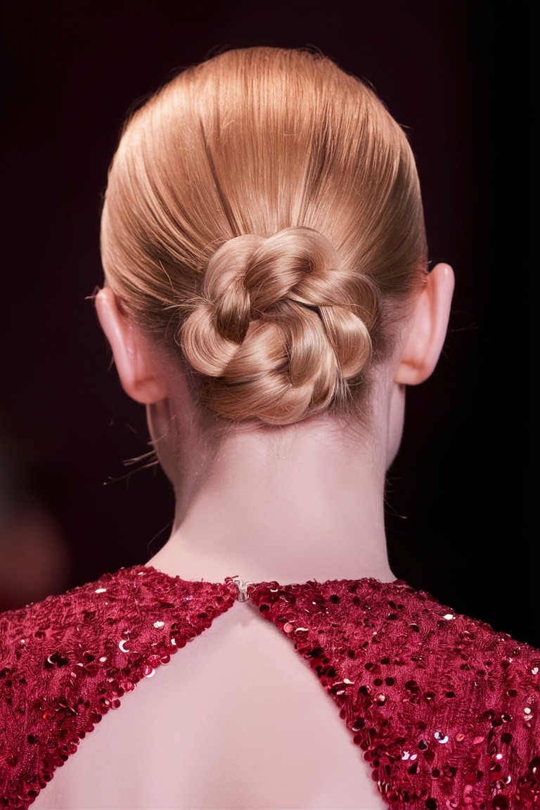 Braided low bun, intricate formal updo